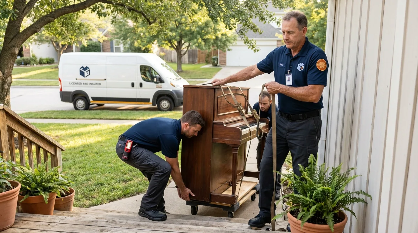 Licensed piano movers securing grand piano in Troutdale, OR