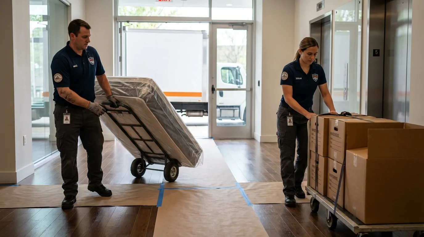 Professional apartment movers loading elevator in Troutdale, OR